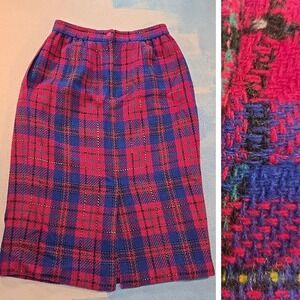 VTG 90s Joan Leslie Midi Skirt  Womens 12 Plaid Tweed Wool Blend Pink Blue 28x28
